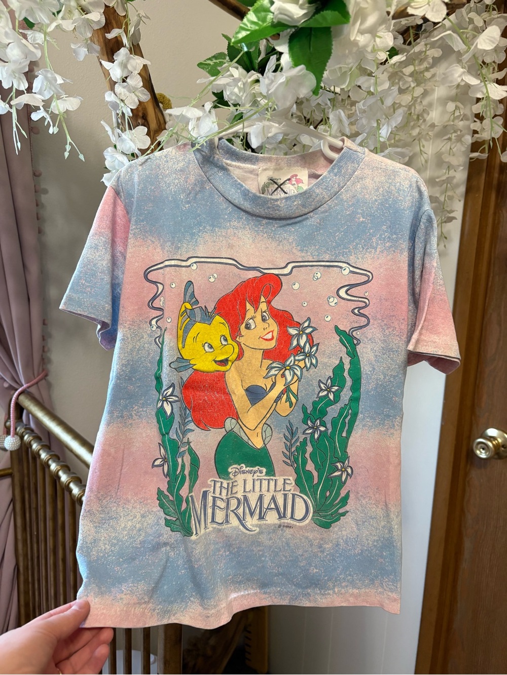 Vintage 1990’s The Little Mermaid Kids T Shirt Pink & Blue Tie-Dye 🧜♀️ 🐚